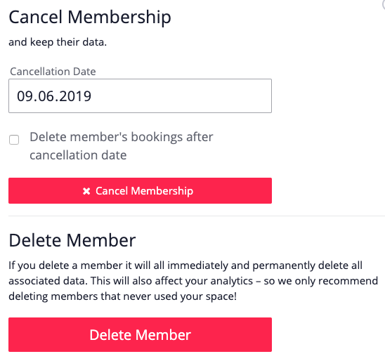 This box allows you to cancel the membership on a future date or delete the member entirely Cancel/Delete member box